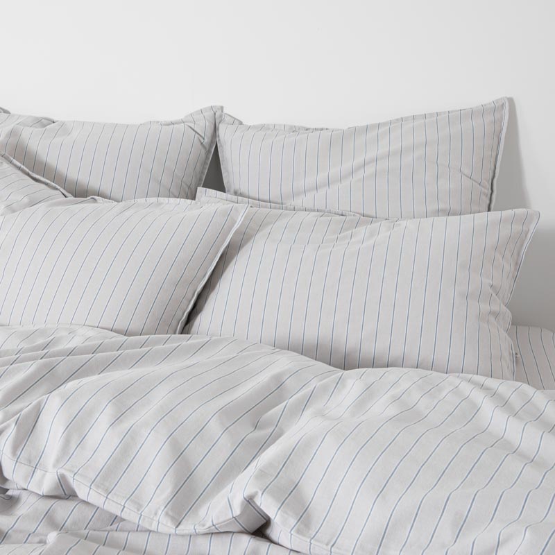 2 Taies D'Oreiller - En Percale De Coton Lavé - Rayures Bleues